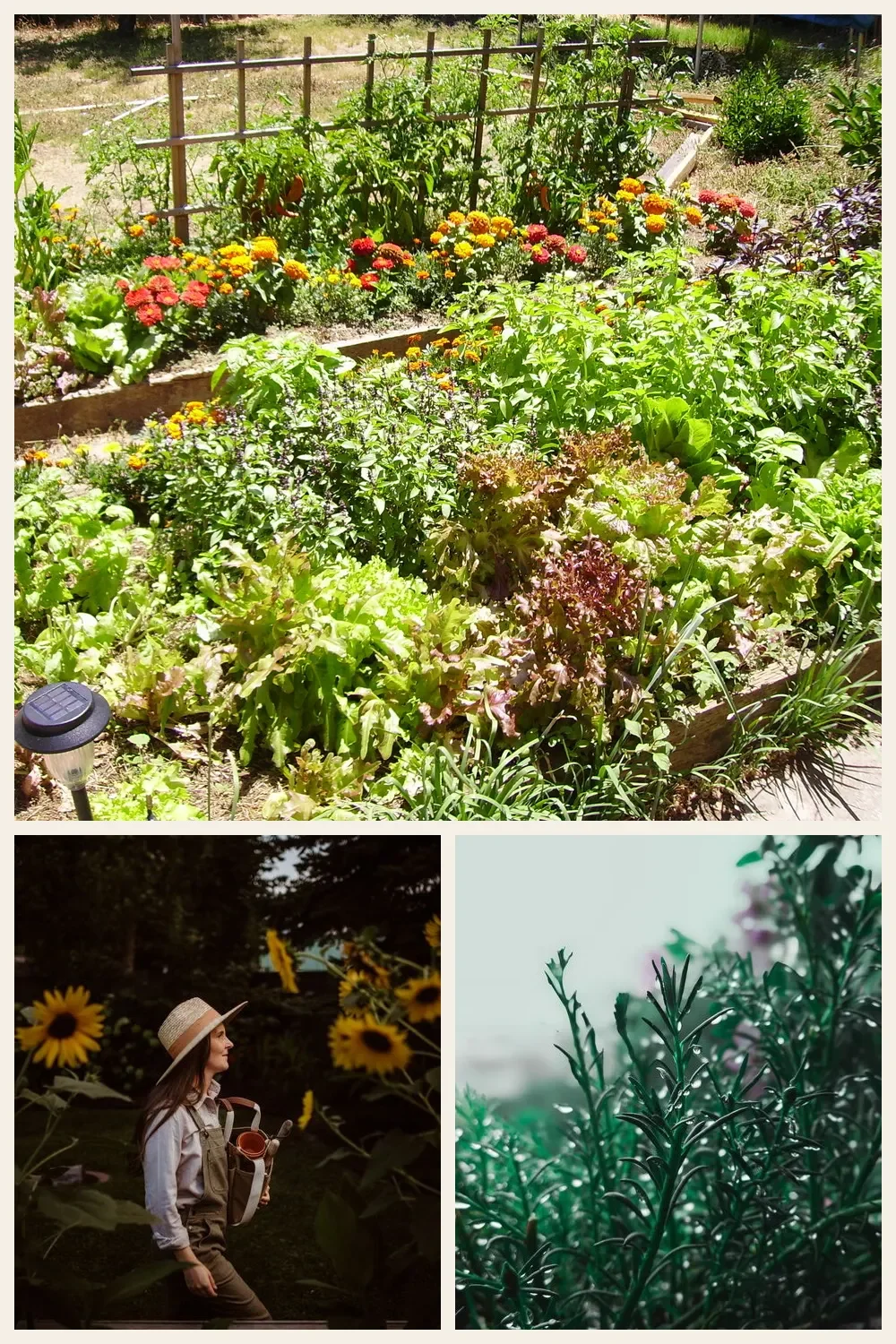 Simple natural three-photo collage showing different companion planting mistakes: an oversized zucchini crowding a pepper or tomato, tall sunflowers shading a vegetable bed, and rosemary planted in a visibly wet cucumber bed. Use realistic garden photos with no labels or arrows.