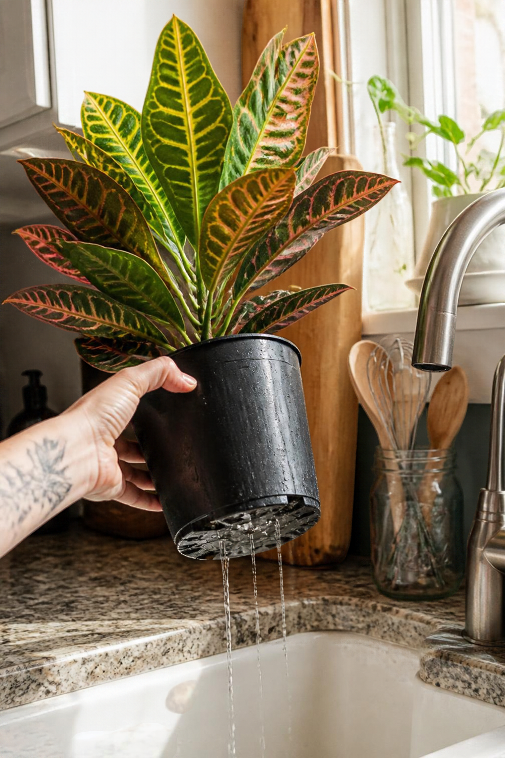 Realistic photo of a plant lifted out of a decorative outer pot and draining in a kitchen sink, with a plain nursery pot visible and a little water running from the drainage holes. Natural light, slight clutter, no text, labels, arrows, or icons.