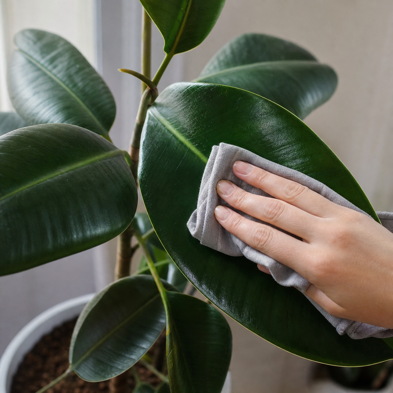 Natural photo of a hand wiping a large glossy rubber plant leaf with a damp soft cloth, other large leaves around it, indoor soft light. No text, labels, arrows, icons, or polished advertising look.