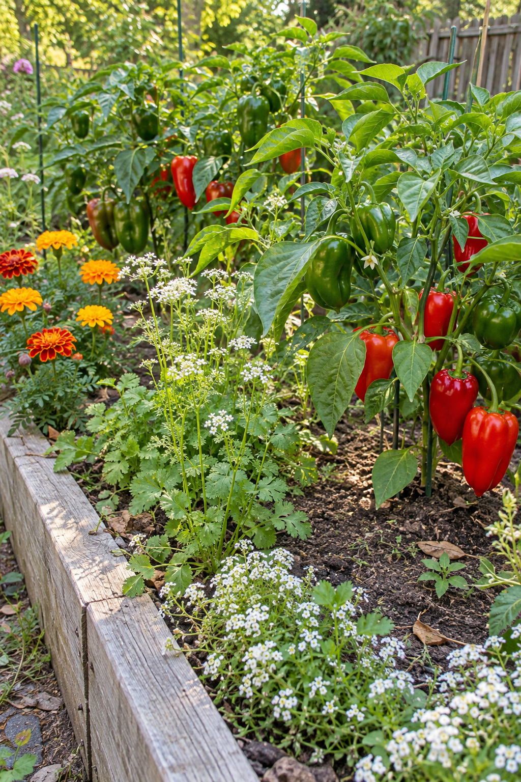 Realistic garden photo of healthy pepper plants with a simple edge planting of French marigolds, flowering cilantro, and sweet alyssum. Include natural imperfections, visible soil, and practical spacing. Avoid staged symmetry and all infographic elements.