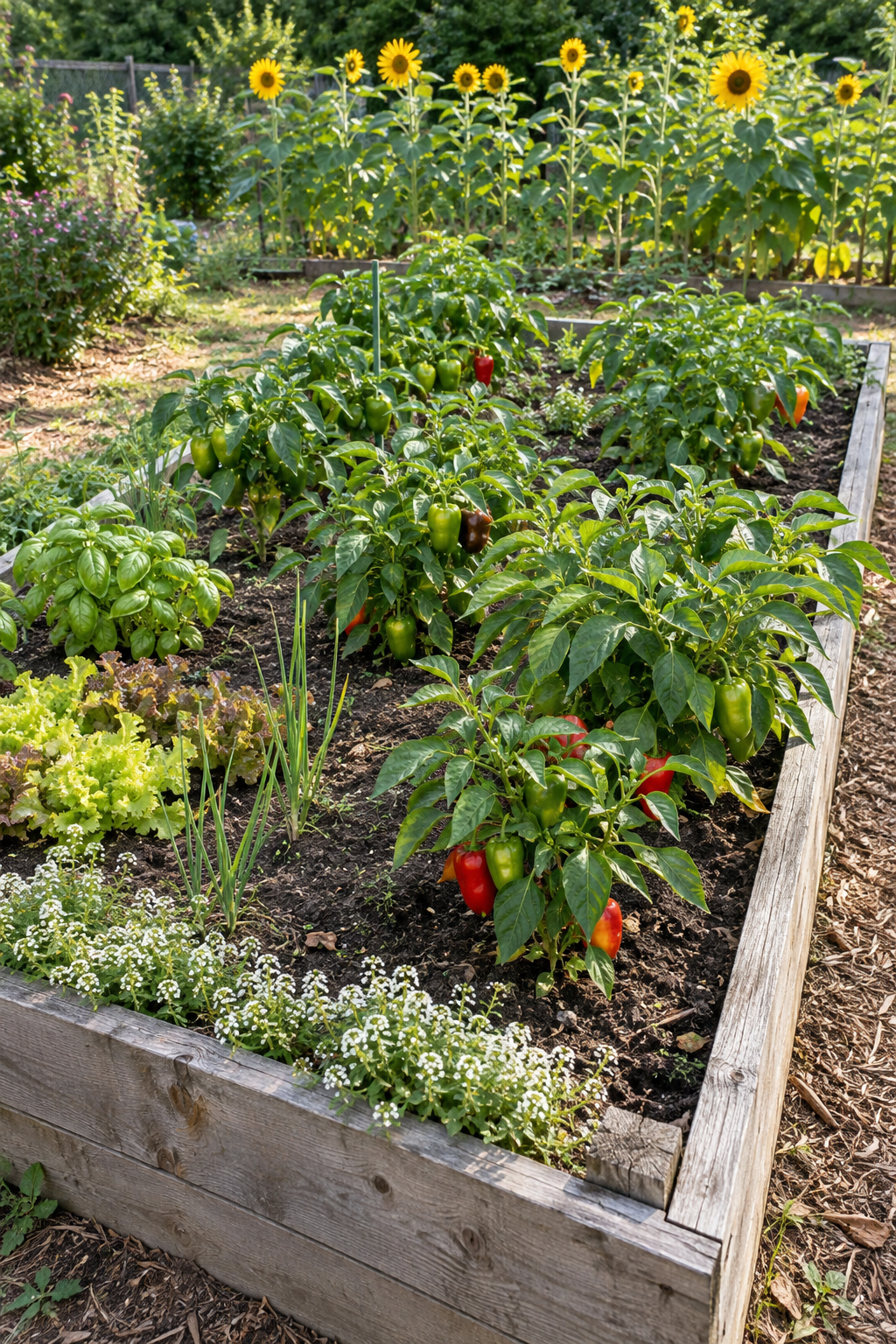 Slightly overhead realistic photo of a practical raised bed. Peppers are the main crop, with limited basil, early lettuce, scallions, and a low alyssum border. A separate sunflower border is visible behind the bed without shading it. Keep open soil between plants and avoid a perfect AI-looking arrangement.