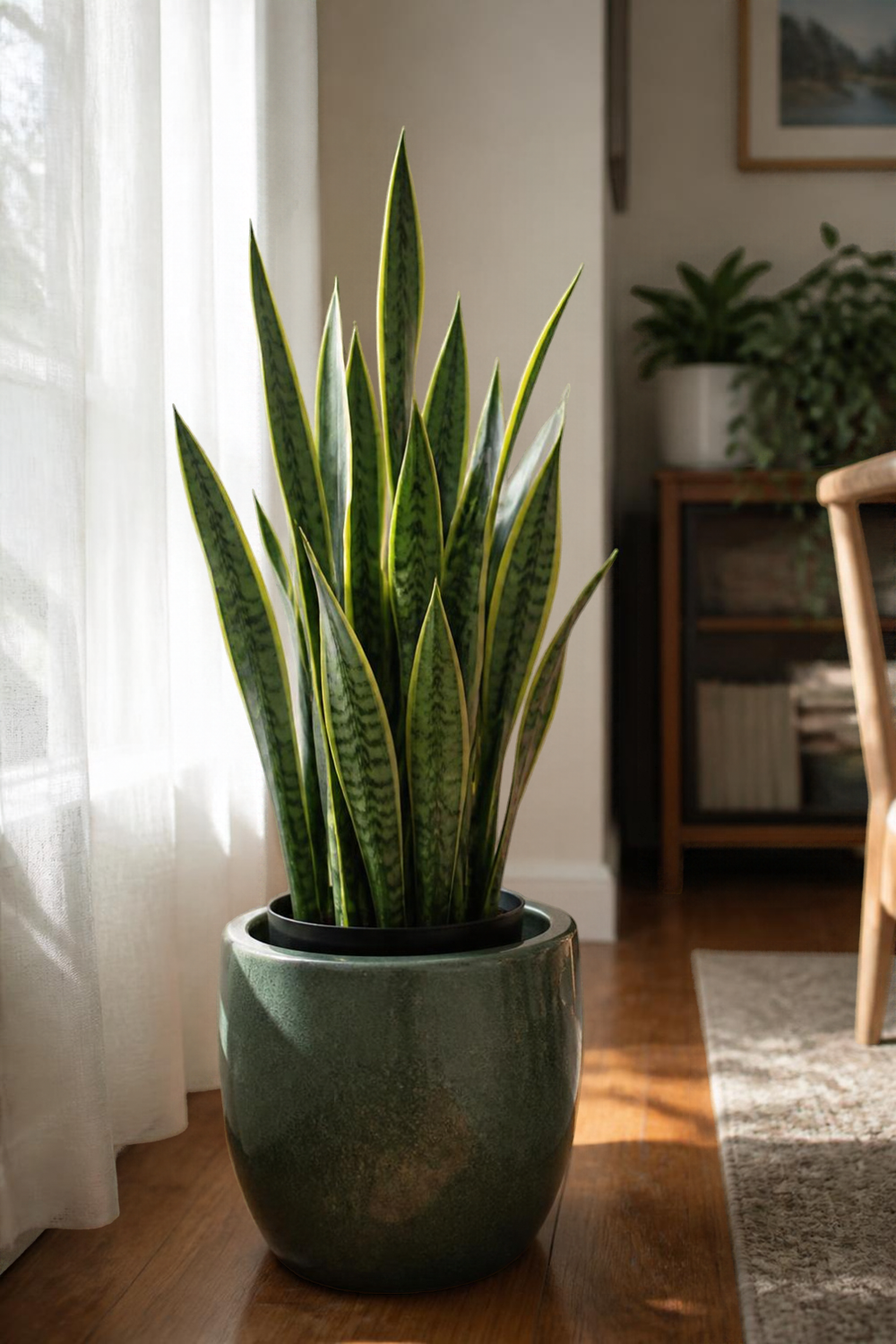 Natural photo of a healthy tall snake plant in a plastic nursery pot placed inside a larger decorative ceramic pot, in a bright room near a window with a sheer curtain. Soft daylight. No text, labels, arrows, icons, or polished advertising look.