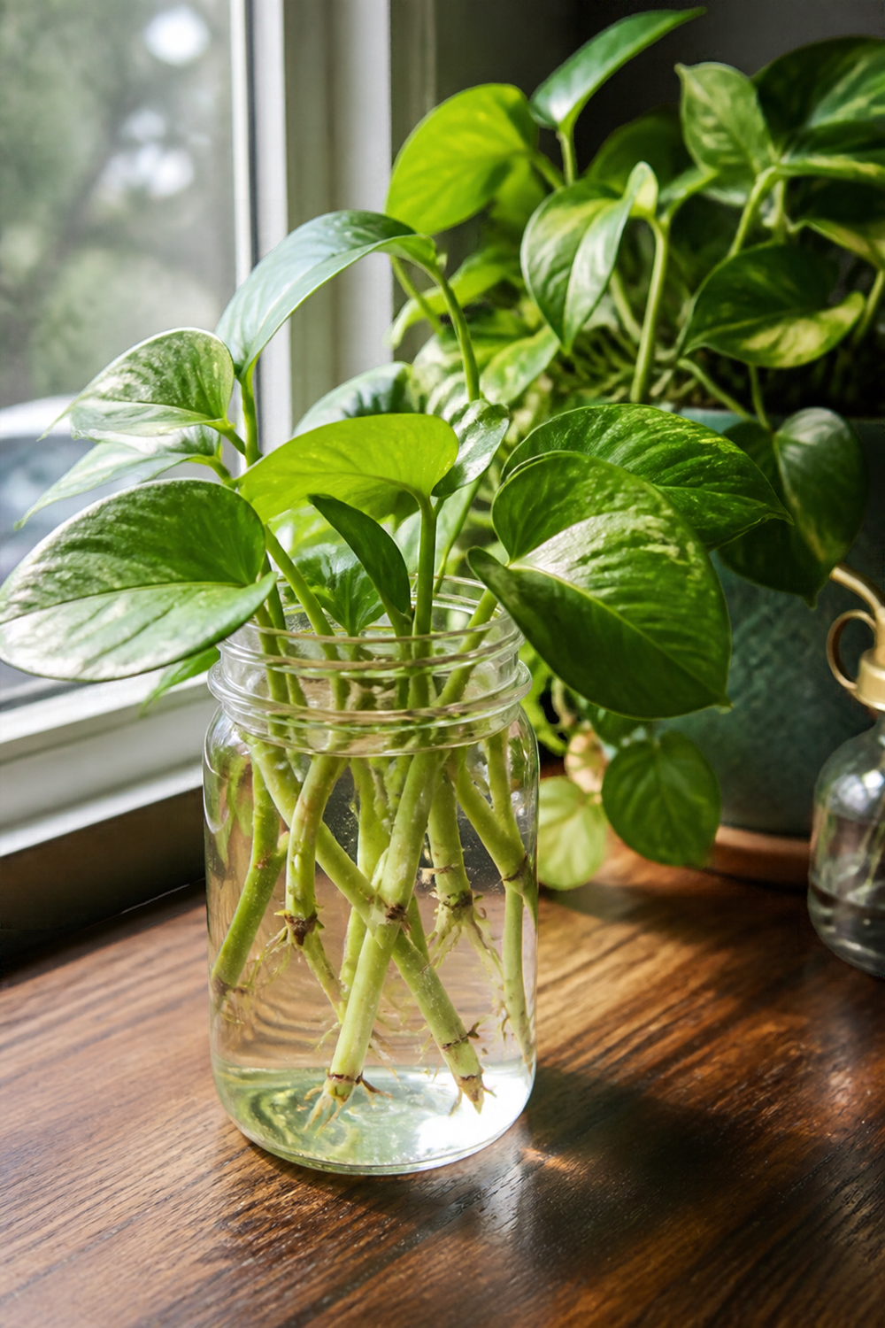 Natural photo of several pothos stem cuttings with visible nodes rooting in a clear glass jar of water on a kitchen windowsill, with the original pothos plant in the soft background. Daylight. No text, labels, arrows, icons, or polished advertising look.